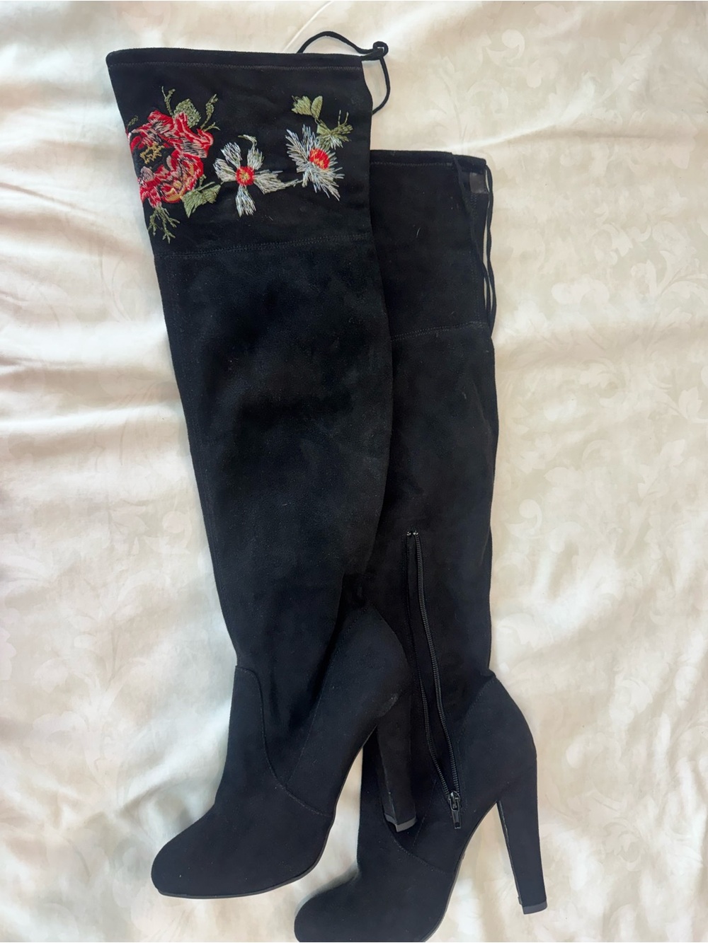 Over the knee micro suede boots with sophisticated floral embroidery